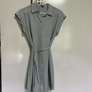 Express Grey and White Polkadot Midi Button down Dress with belt tie size Small